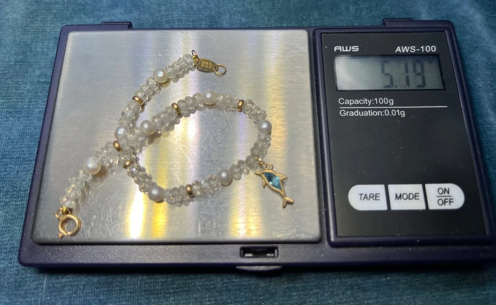 14k Gold Moonstone, Pearl   Blue Topaz Dolphin Charm Bracelet. Zoe B