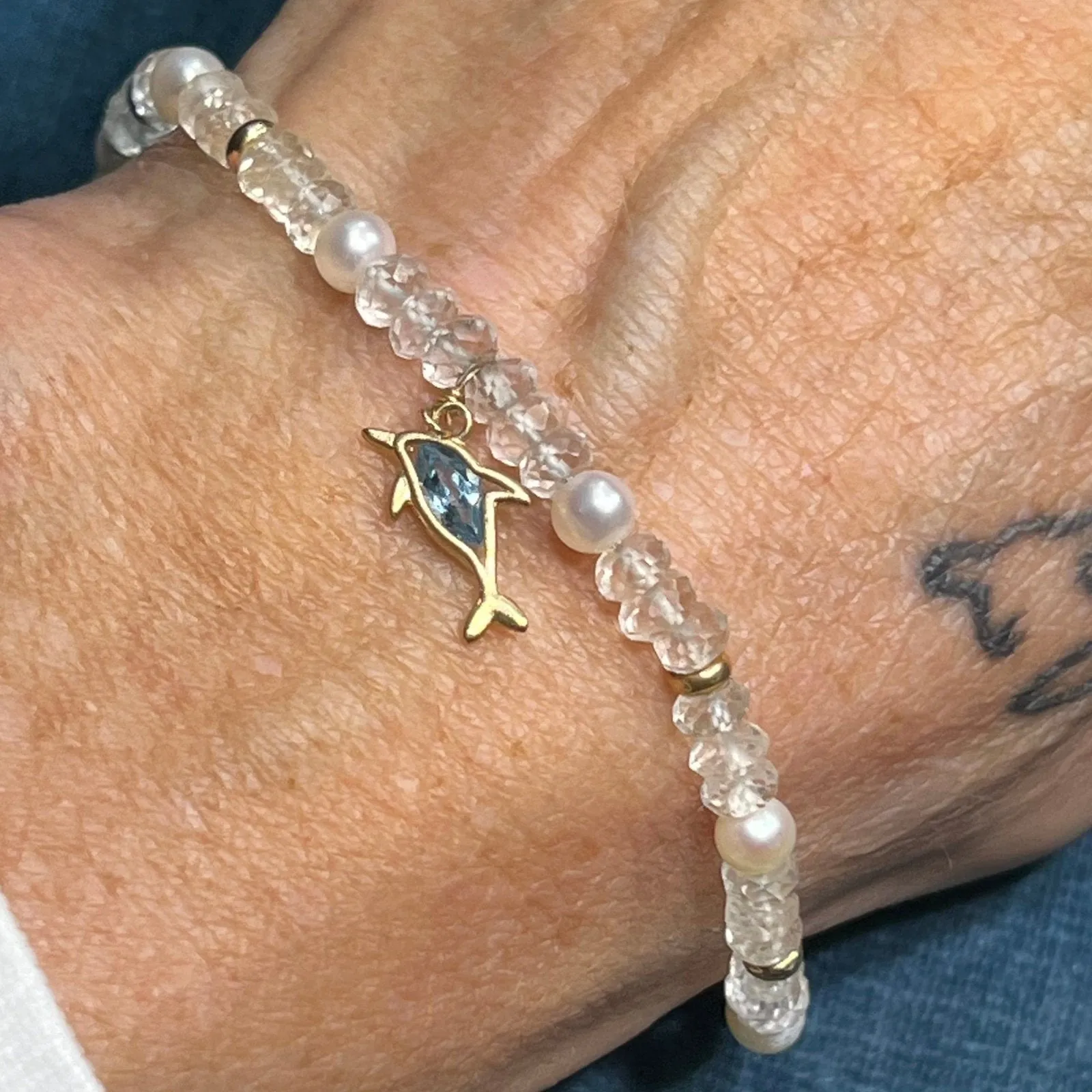 14k Gold Moonstone, Pearl   Blue Topaz Dolphin Charm Bracelet. Zoe B