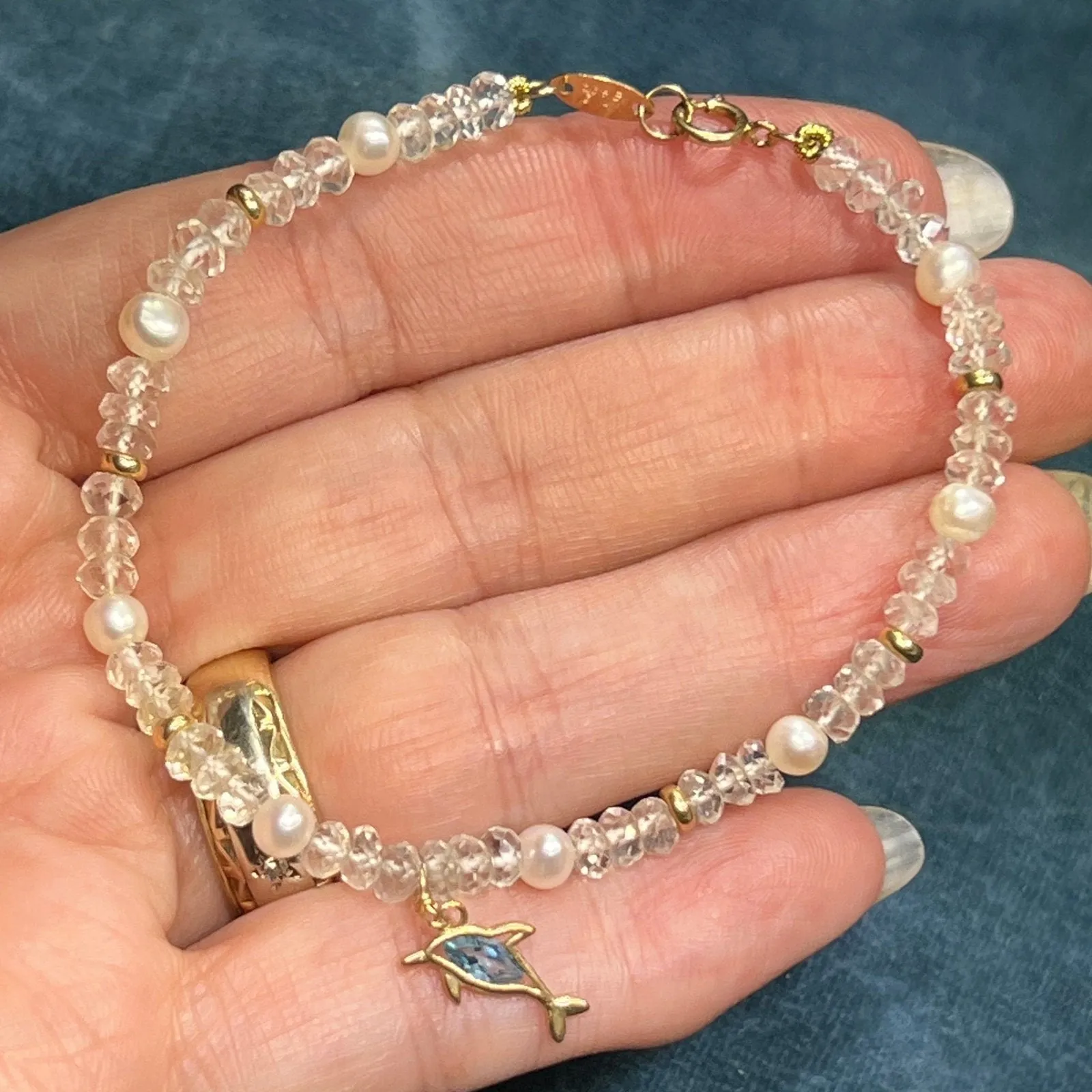 14k Gold Moonstone, Pearl   Blue Topaz Dolphin Charm Bracelet. Zoe B