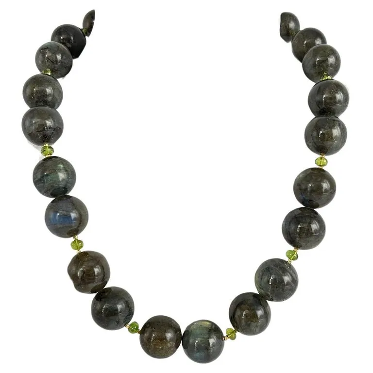 17mm Labradorite Bead Necklace with Peridot Accents and Gold Clasp, 19.5 Inches