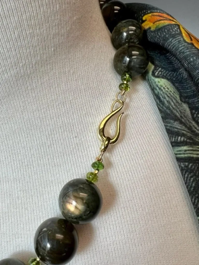 17mm Labradorite Bead Necklace with Peridot Accents and Gold Clasp, 19.5 Inches