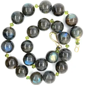 17mm Labradorite Bead Necklace with Peridot Accents and Gold Clasp, 19.5 Inches