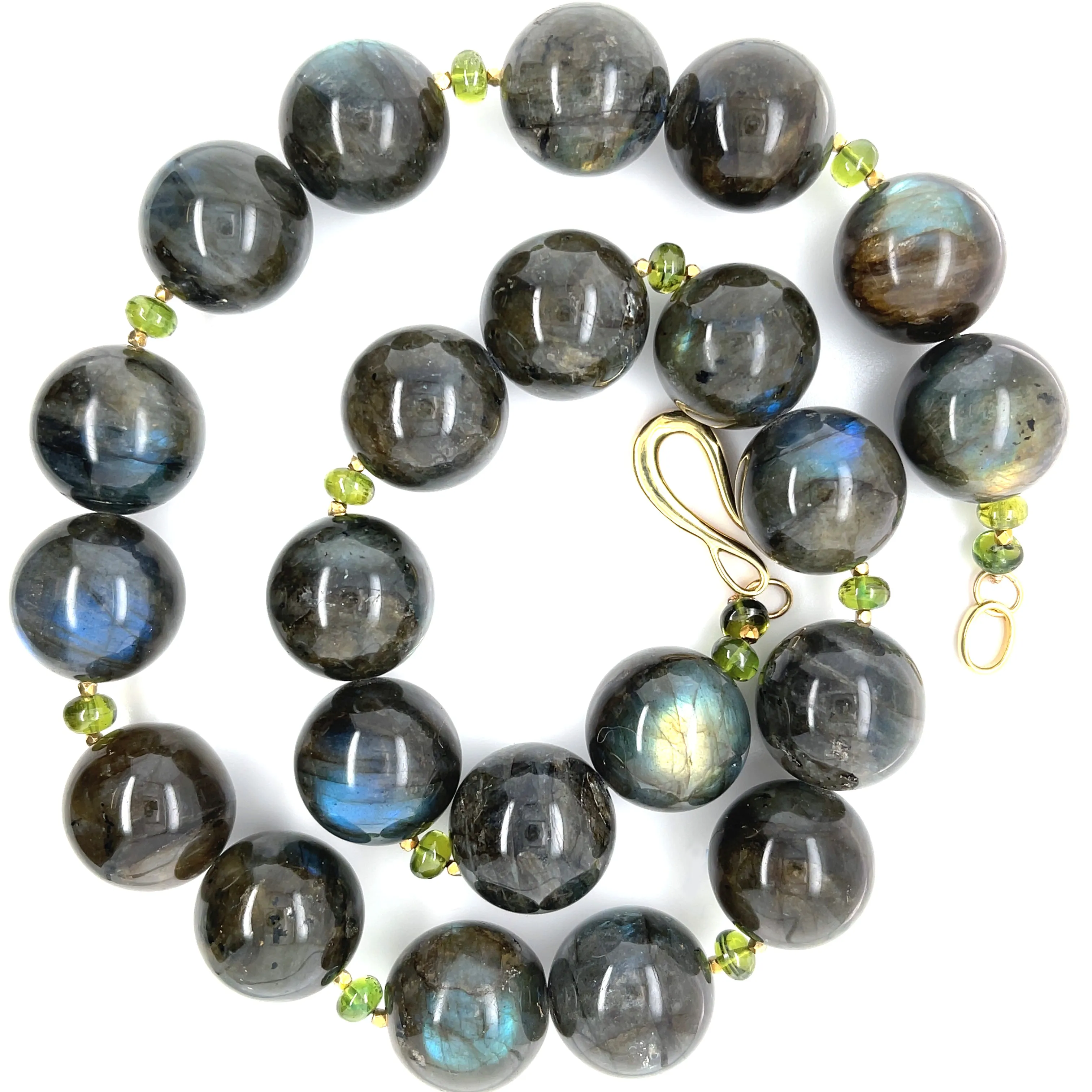 17mm Labradorite Bead Necklace with Peridot Accents and Gold Clasp, 19.5 Inches