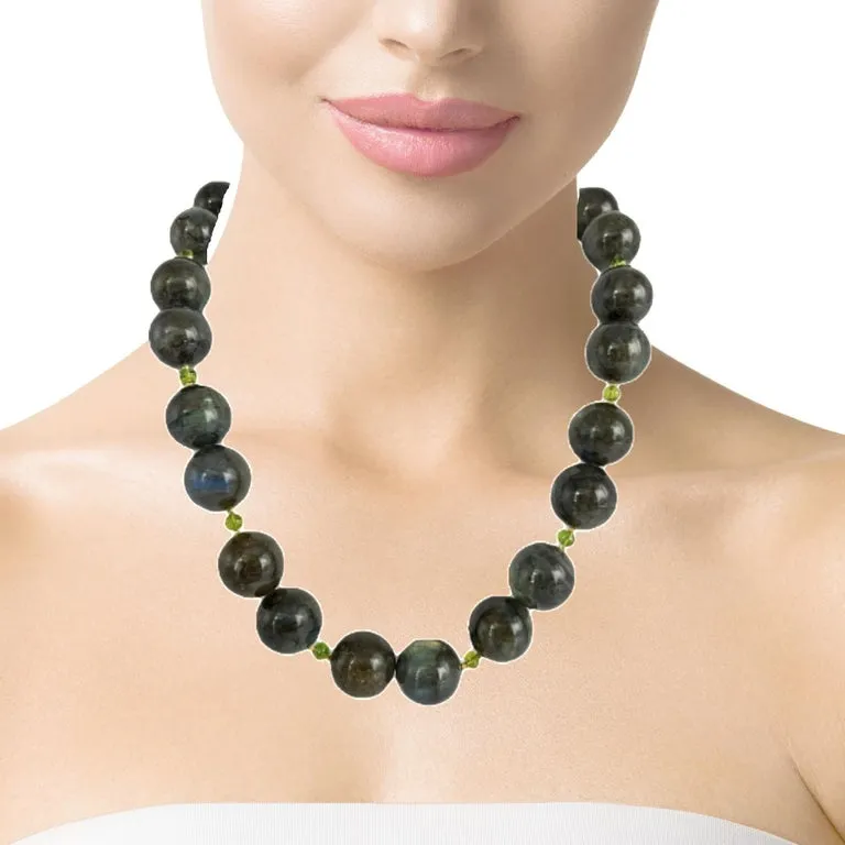 17mm Labradorite Bead Necklace with Peridot Accents and Gold Clasp, 19.5 Inches
