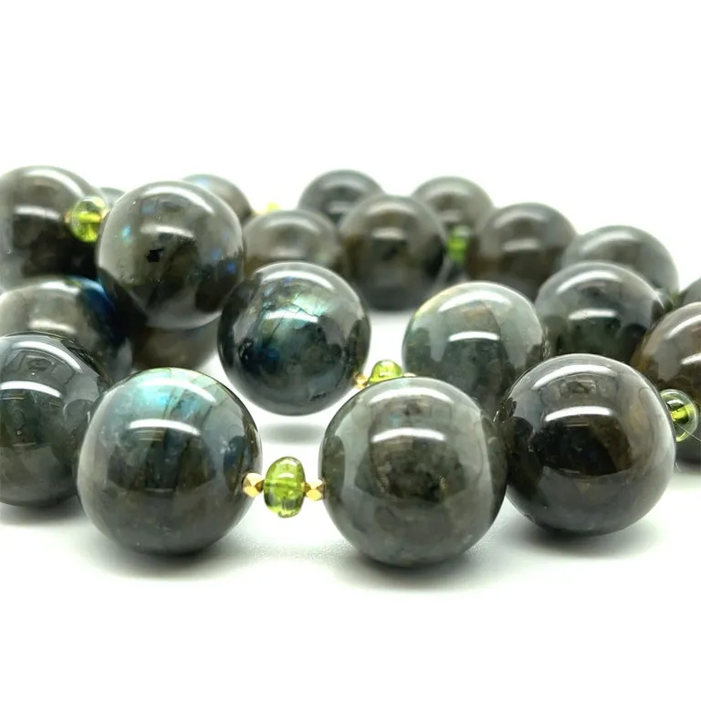 17mm Labradorite Bead Necklace with Peridot Accents and Gold Clasp, 19.5 Inches