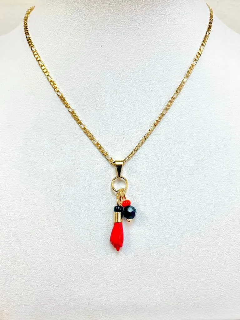 18K Gold Filled Black Bead Red Azabache Necklace Figaro Chain 20" for Womens Good Luck & protection Jewelry / Cadena Figaro Link con Dije de Azabache para la Proteccion