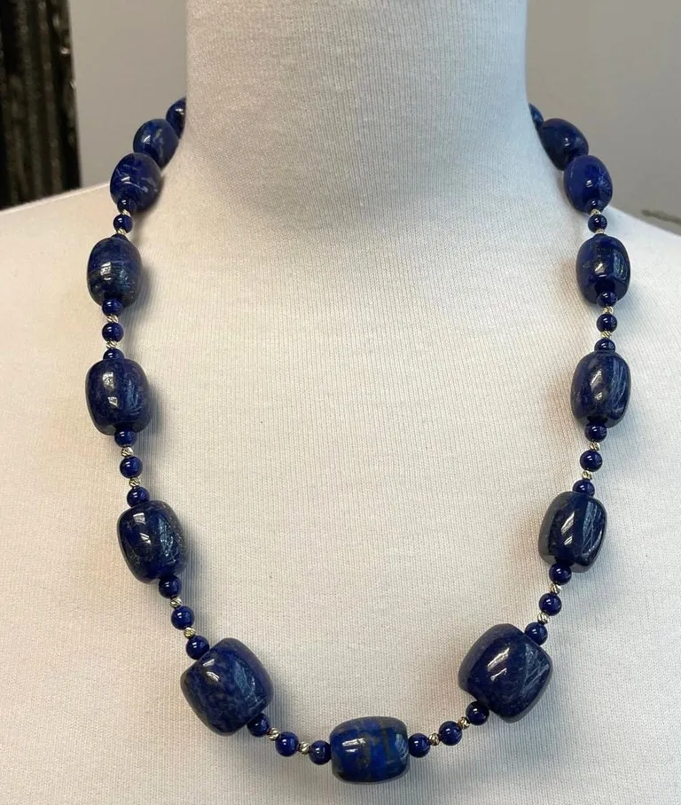 Barrel Shaped Lapis Lazuli Beaded Necklace with Yellow Gold Accents