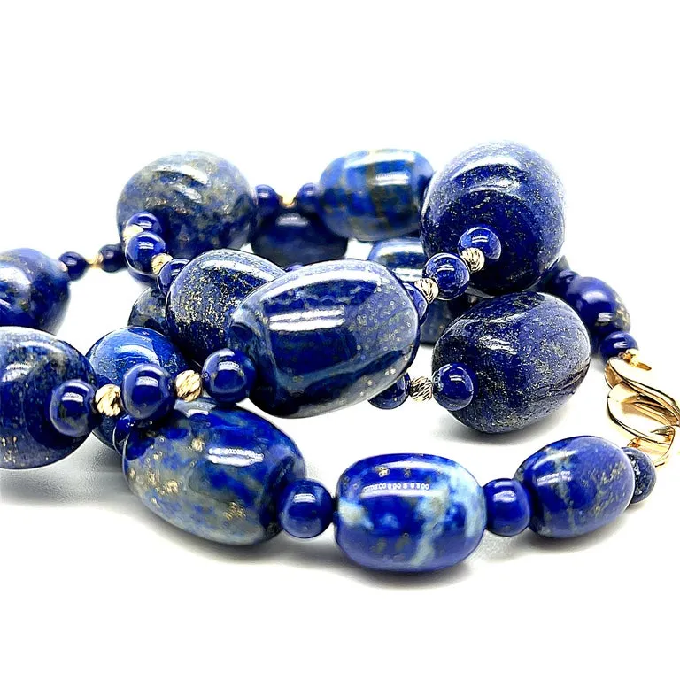Barrel Shaped Lapis Lazuli Beaded Necklace with Yellow Gold Accents