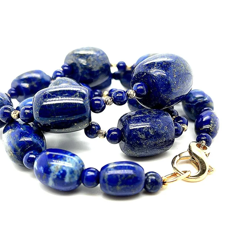 Barrel Shaped Lapis Lazuli Beaded Necklace with Yellow Gold Accents