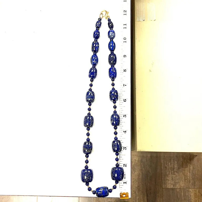 Barrel Shaped Lapis Lazuli Beaded Necklace with Yellow Gold Accents