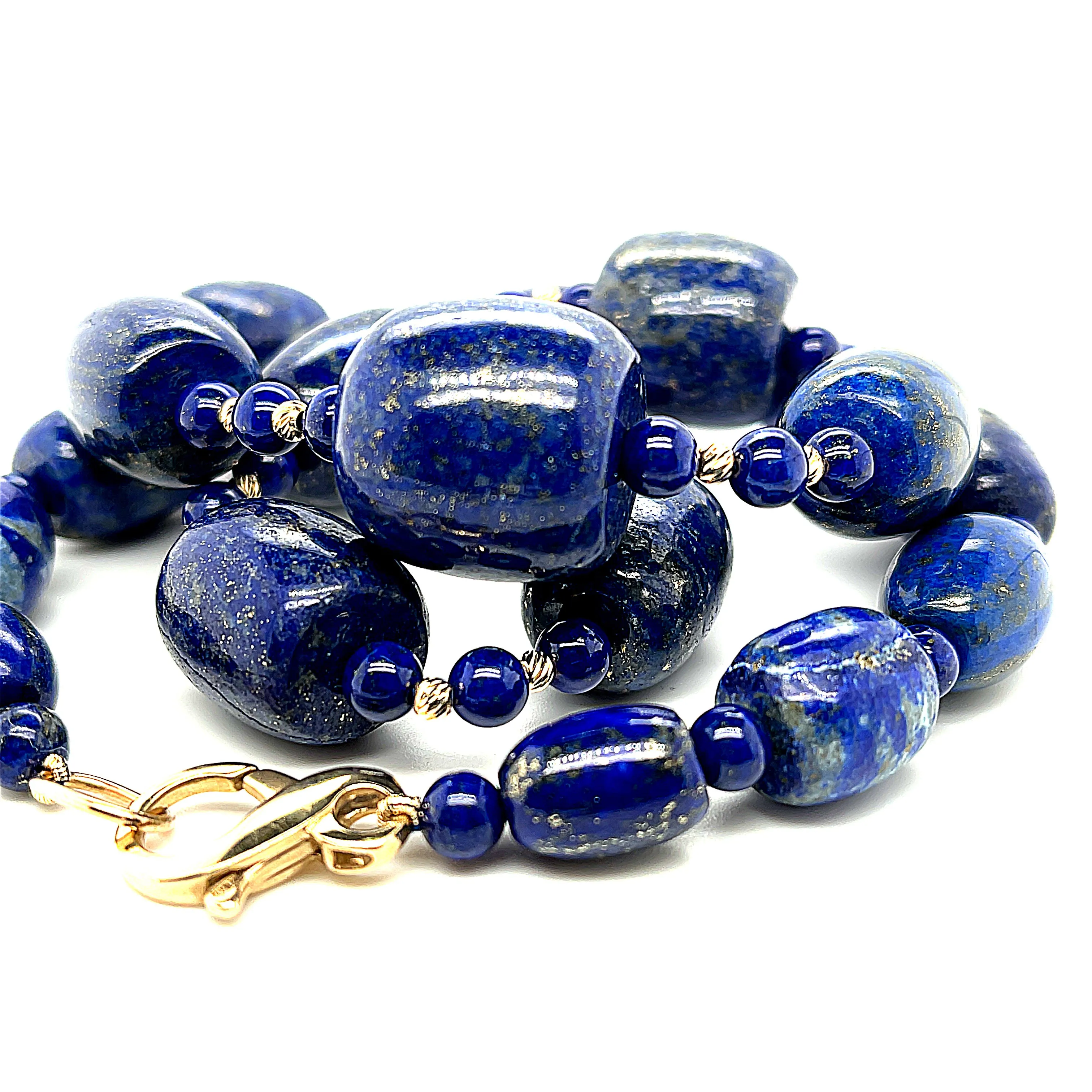 Barrel Shaped Lapis Lazuli Beaded Necklace with Yellow Gold Accents