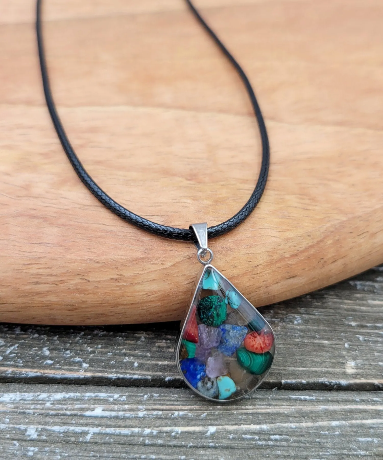 BESHEEK Rainbow Gemstone captured in Resin Teardrop Pendant Necklace? Handmade Hypoallergenic Boho Beach Gala Wedding Style Fashion Jewelry