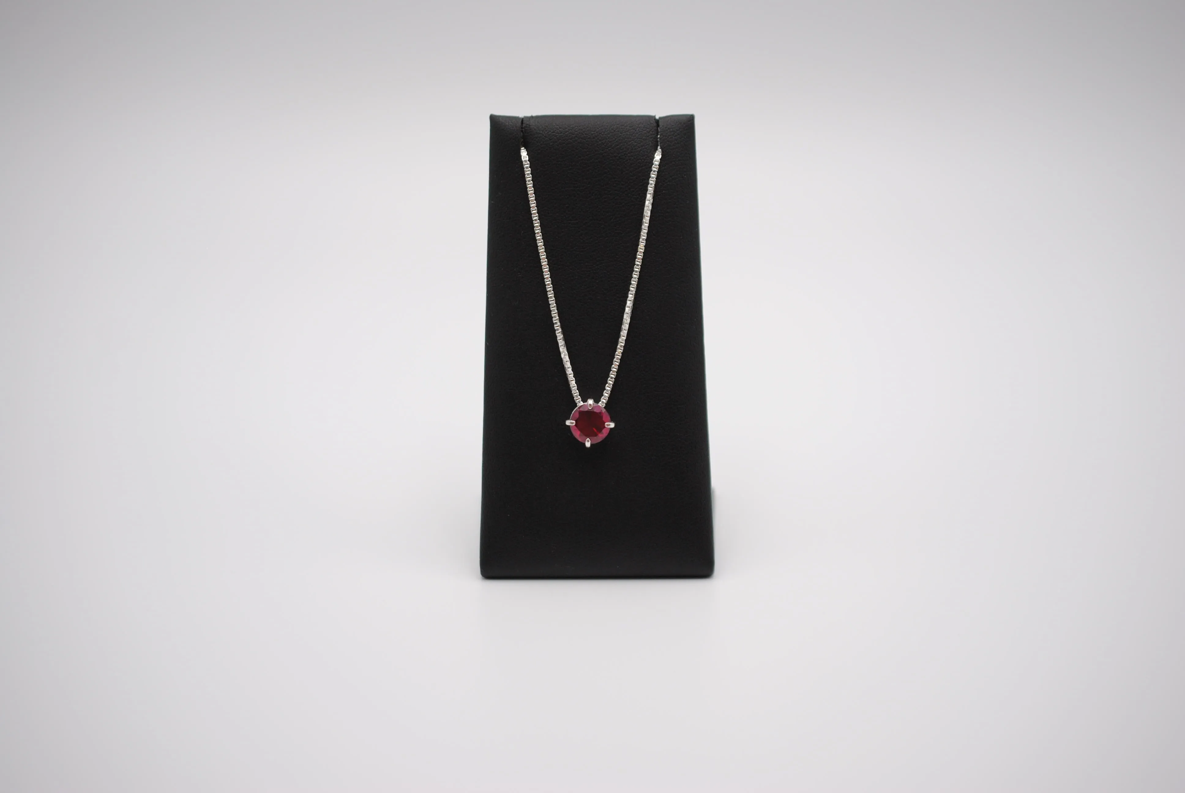 Birthstone Necklace: Round Garnet, Silver Prong Setting, Adjustable Chain