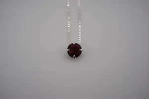 Birthstone Necklace: Round Garnet, Silver Prong Setting, Adjustable Chain