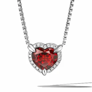 Chatelaine® Heart Pendant Necklace in Sterling Silver with Garnet and Pavé Diamonds