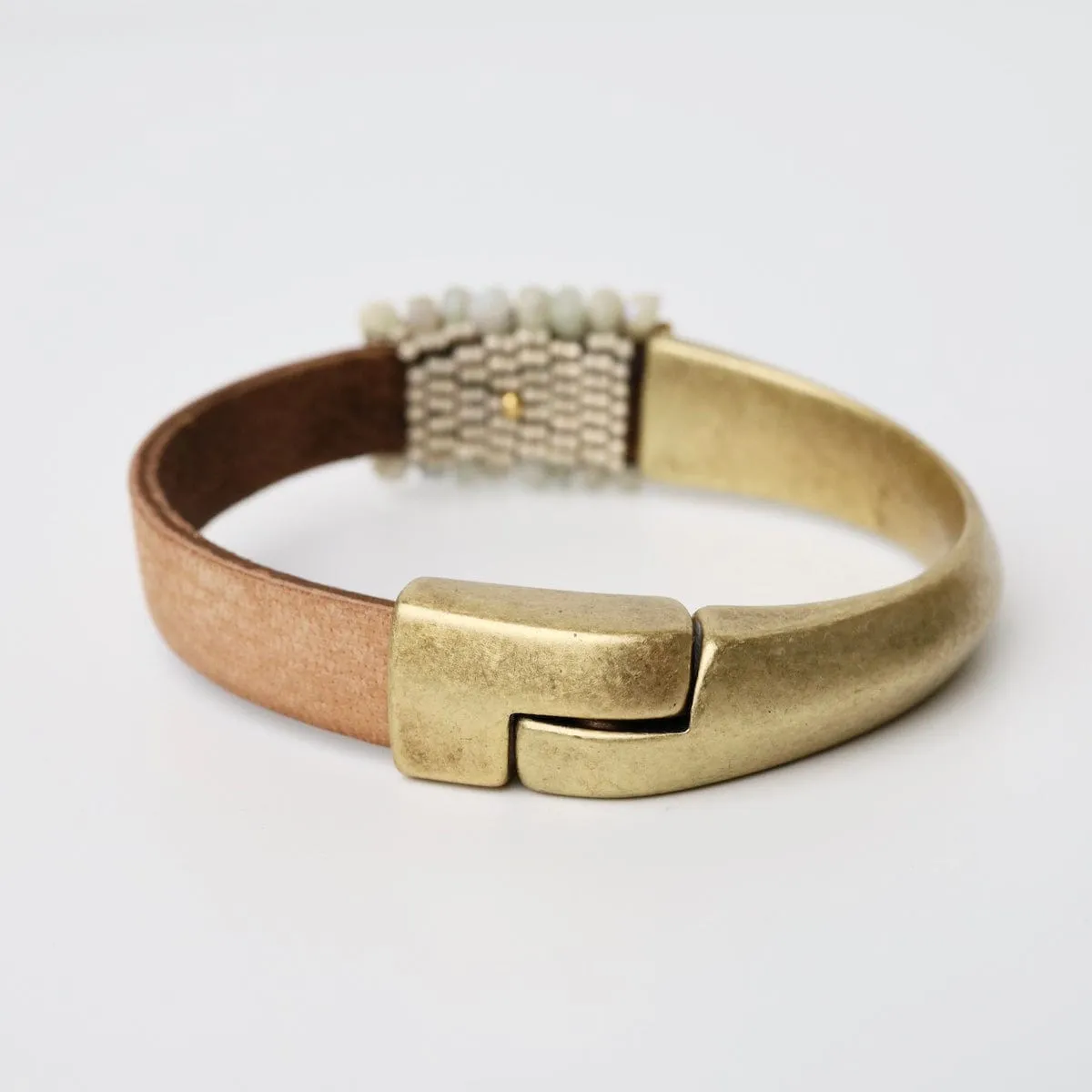 Coated Pale Green Moonstone Leather and Half Brass Cuff Bracelet