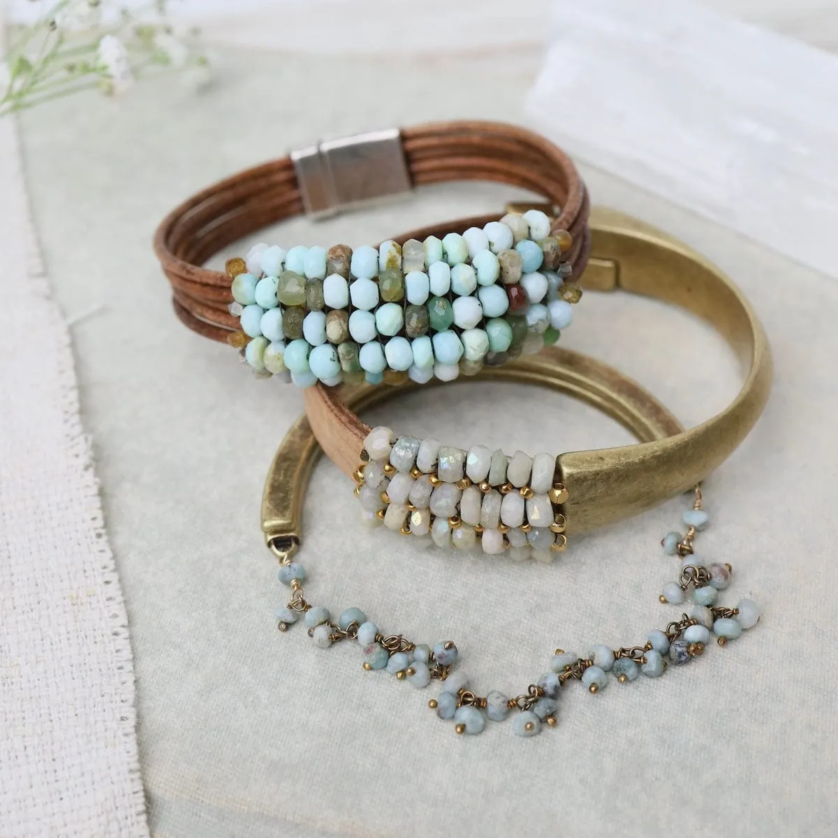 Coated Pale Green Moonstone Leather and Half Brass Cuff Bracelet