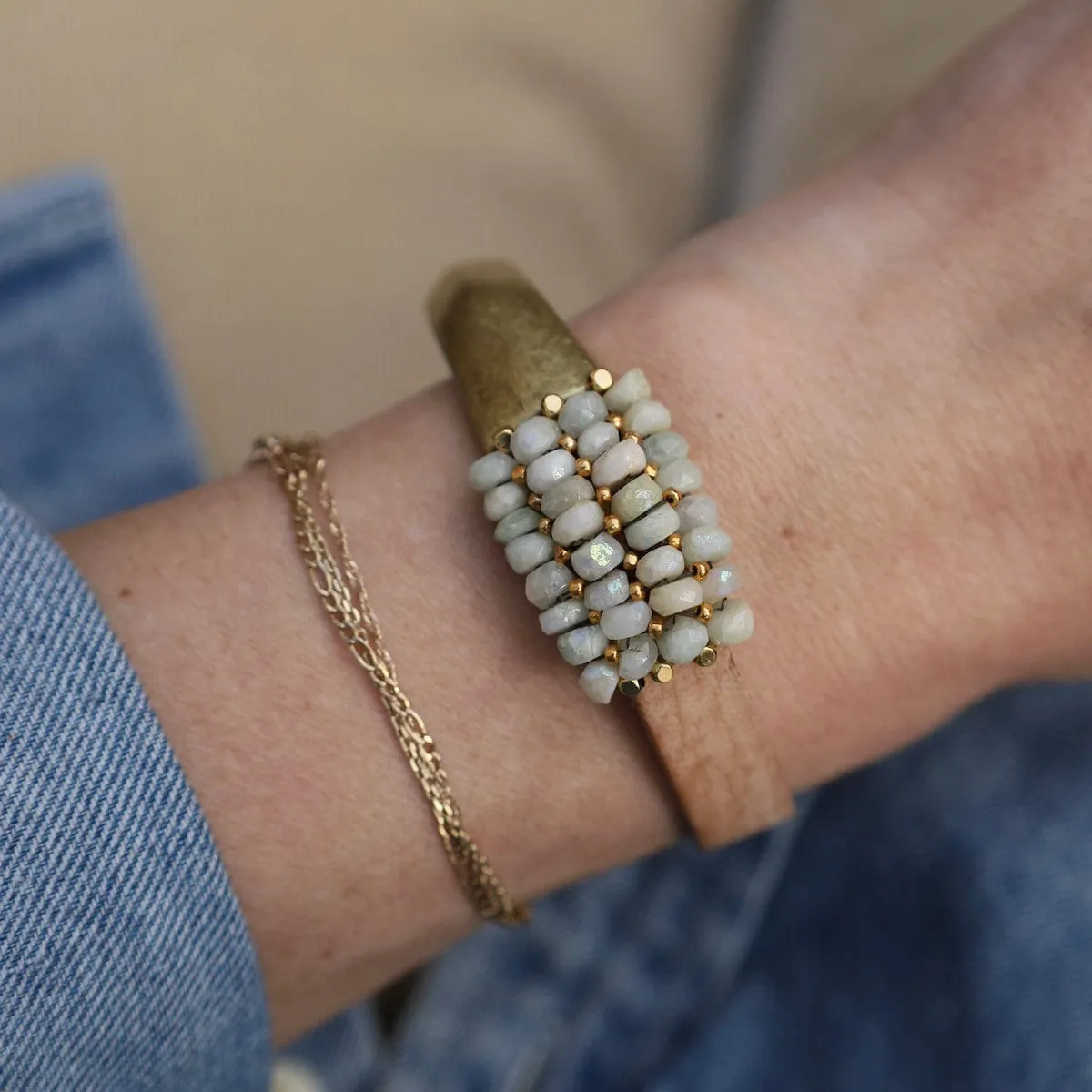 Coated Pale Green Moonstone Leather and Half Brass Cuff Bracelet