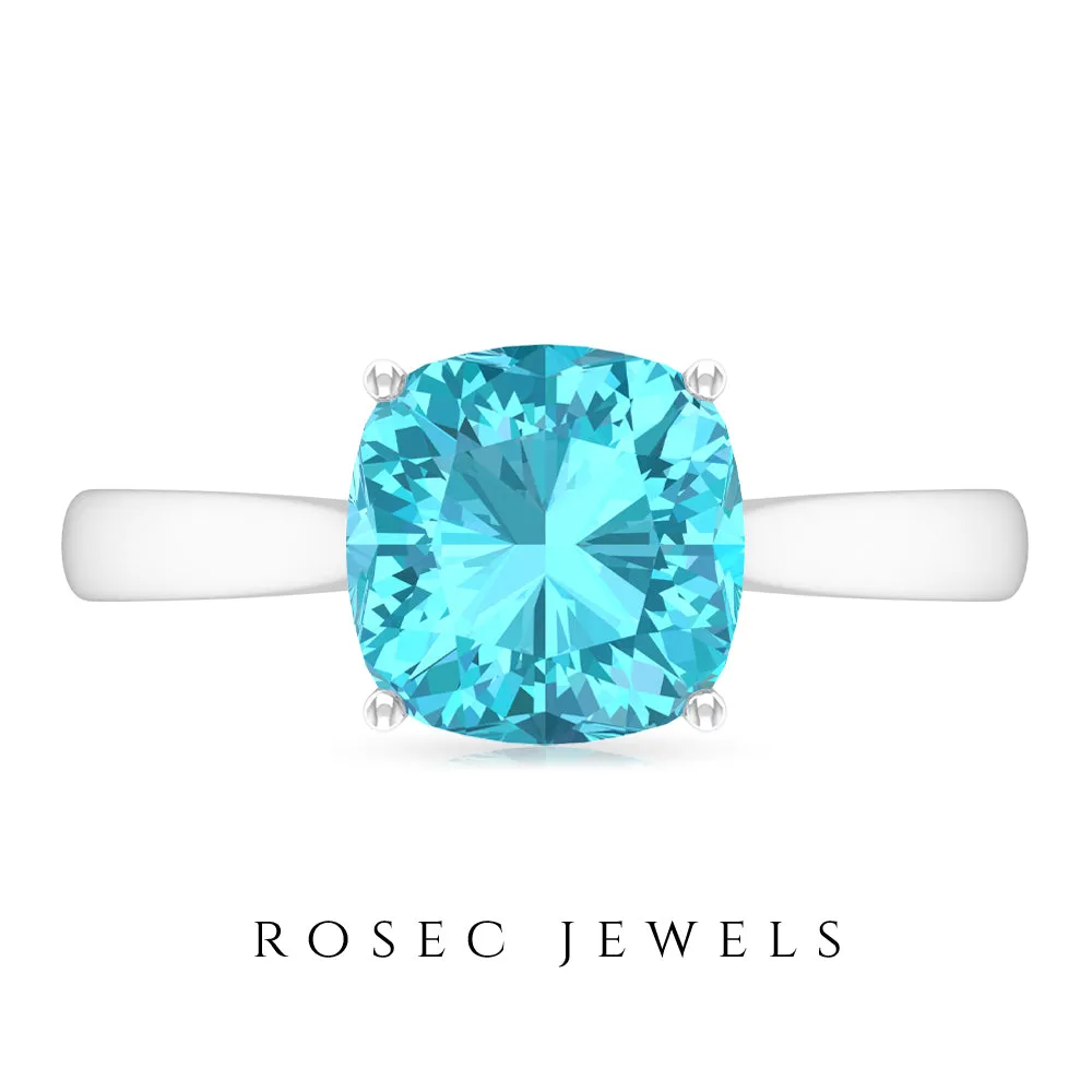 Cushion Cut Swiss Blue Topaz Solitaire Engagement Ring with Surprise Diamond