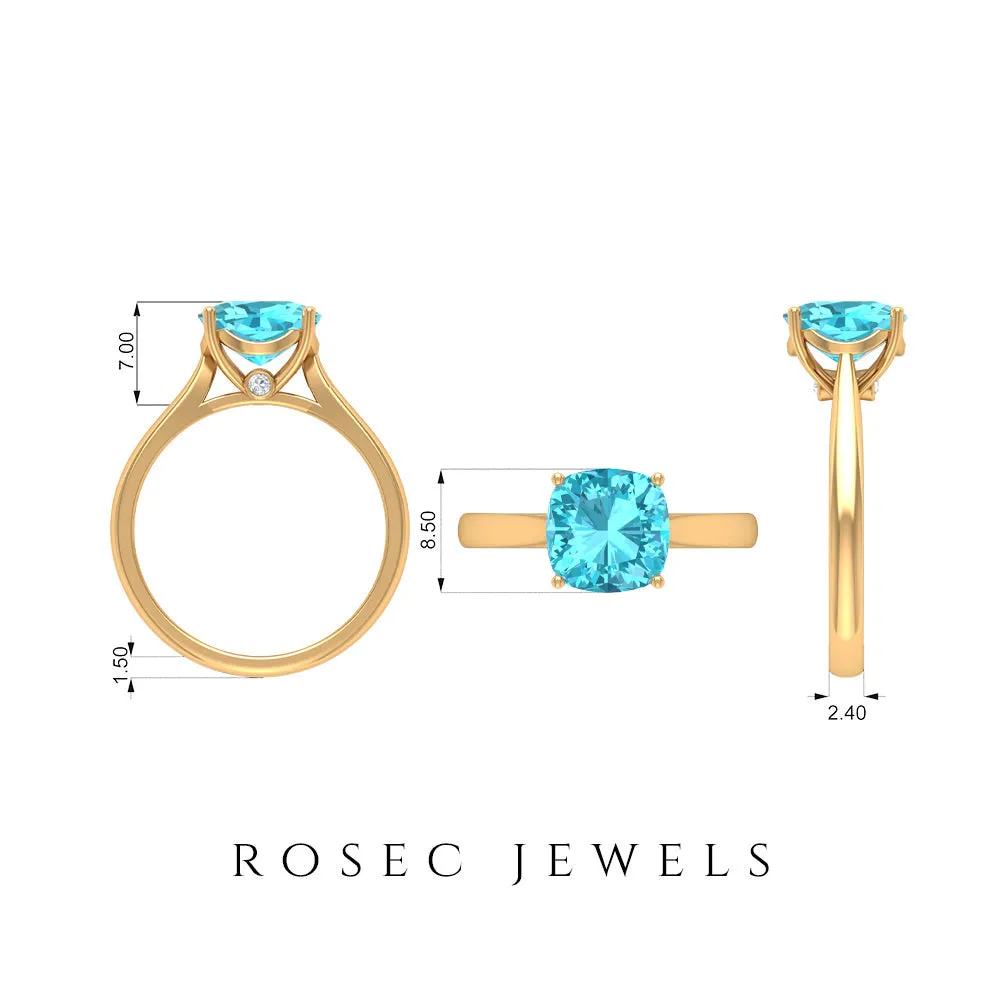 Cushion Cut Swiss Blue Topaz Solitaire Engagement Ring with Surprise Diamond