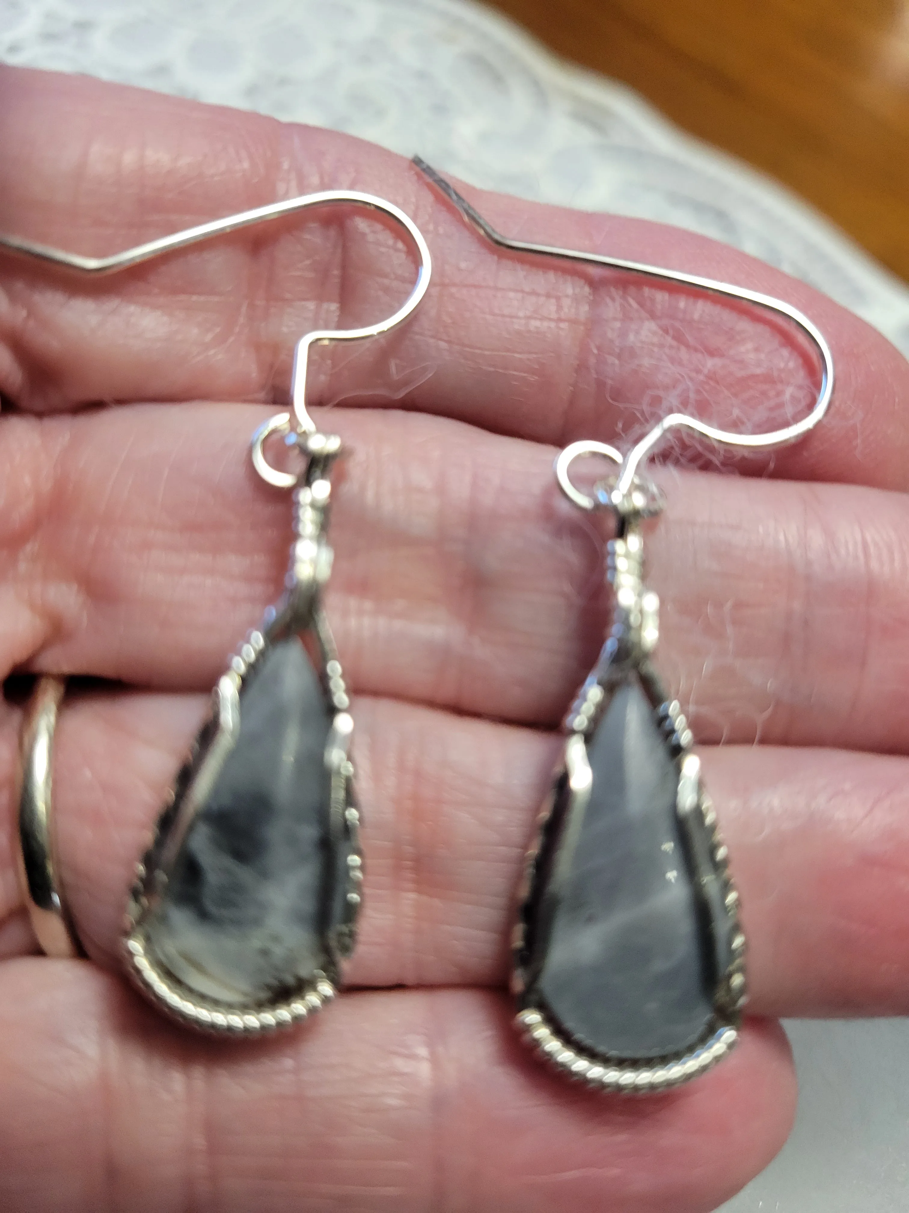 Custom Wire Wrapped Gray Moonstone Montpelier VA Set: Necklace/Pendant Earrings Sterling Silver