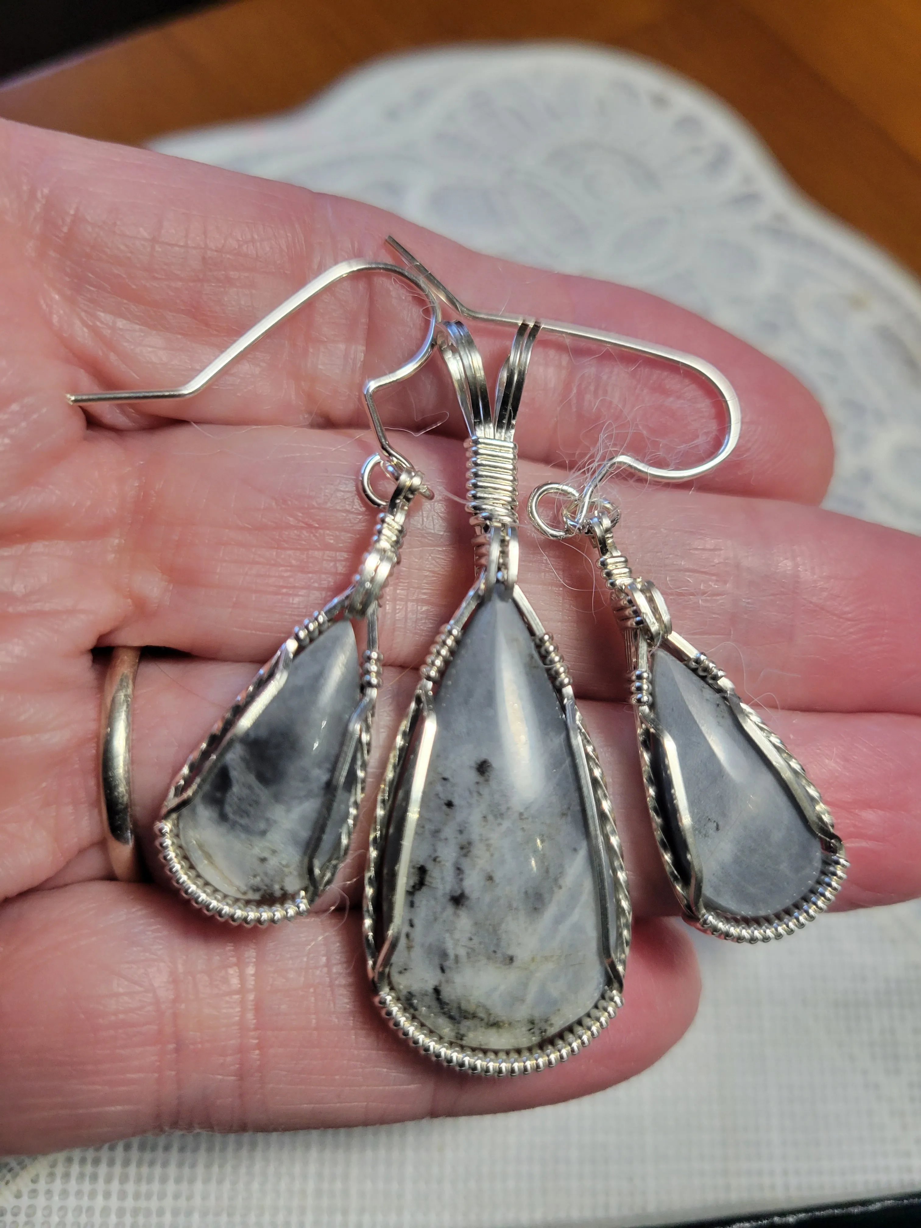 Custom Wire Wrapped Gray Moonstone Montpelier VA Set: Necklace/Pendant Earrings Sterling Silver