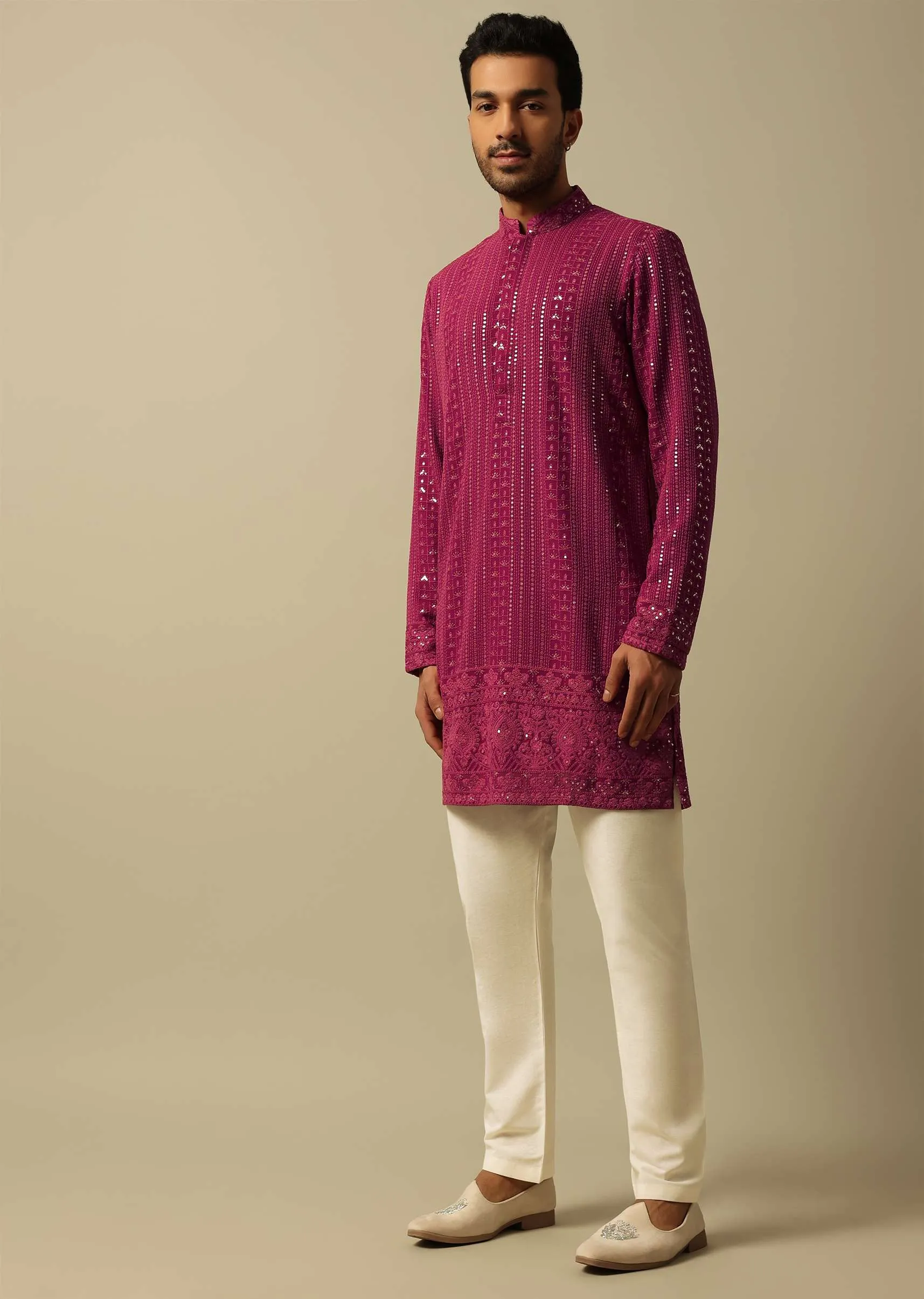 Dazzling Red Georgette Kurta Set For Men