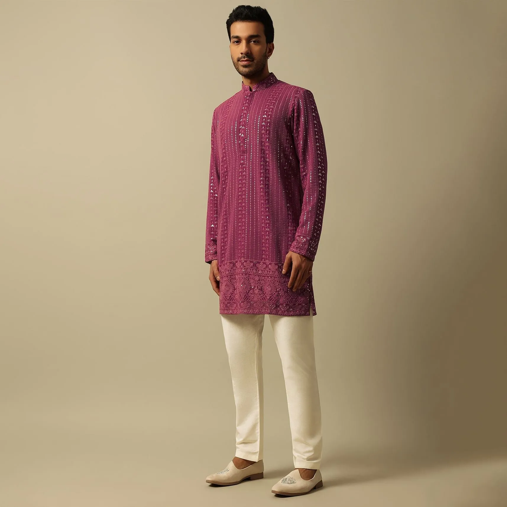 Dazzling Red Georgette Kurta Set For Men