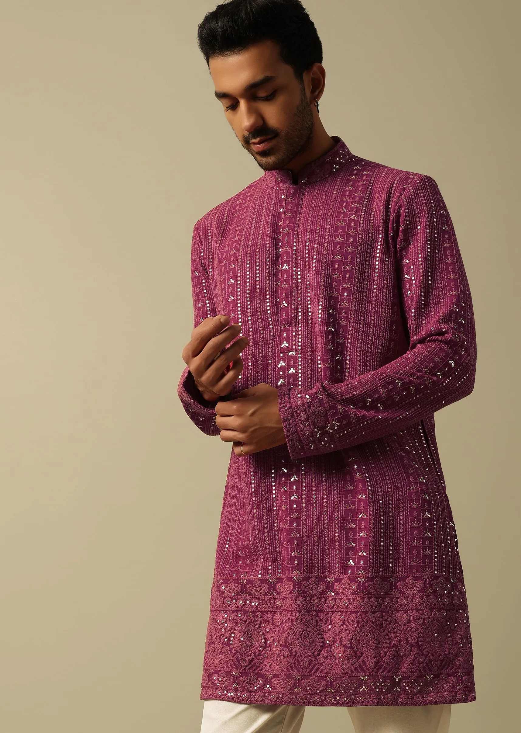 Dazzling Red Georgette Kurta Set For Men