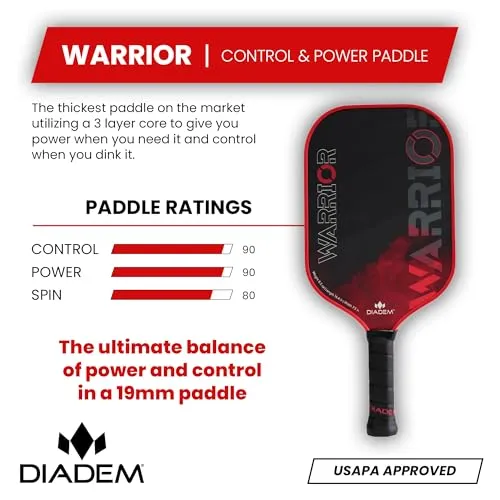 Diadem Warrior Pickleball Paddle | 3X L-Core Hybrid Nomex Polymer Honeycomb Core, Grit Paint Surface for Spin, Control and Power | Indoor/Outdoor | USAPA Approved (Red)