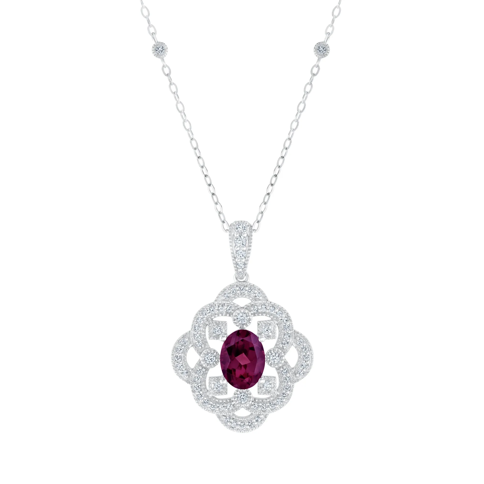 Downton Abbey | Lady Mary - Oval Rhodolite Garnet and Created White Sapphire Milgrain Scroll Sterling Silver Necklace
