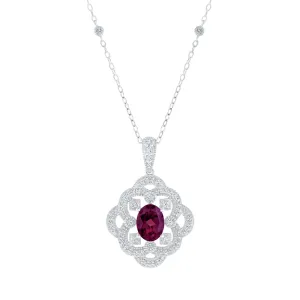 Downton Abbey | Lady Mary - Oval Rhodolite Garnet and Created White Sapphire Milgrain Scroll Sterling Silver Necklace