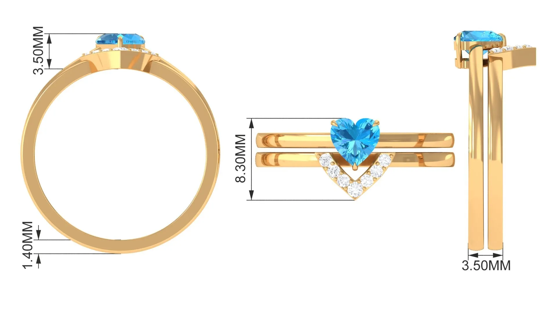 Heart Shape Swiss Blue Topaz Ring Set with Diamond