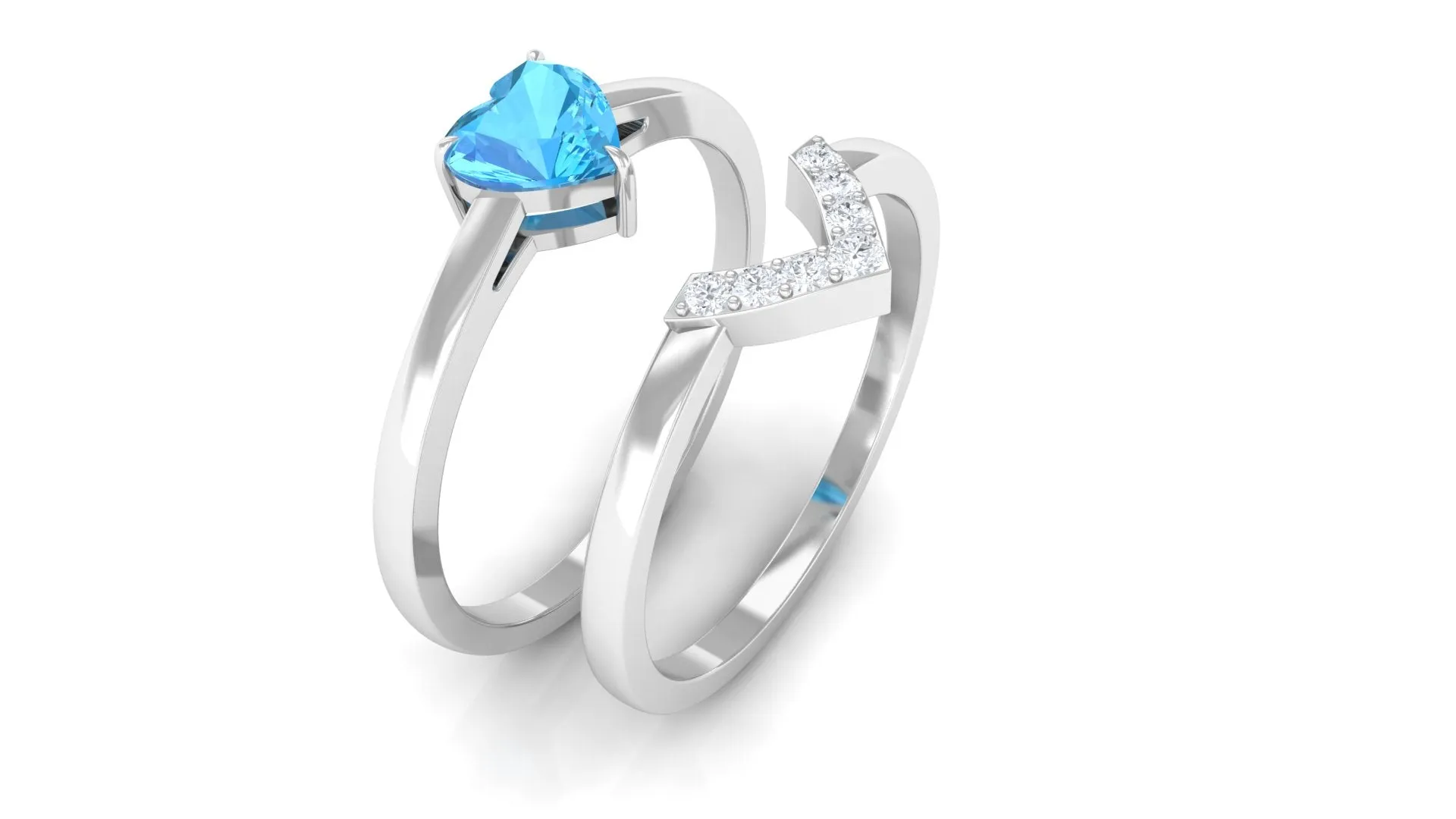 Heart Shape Swiss Blue Topaz Ring Set with Diamond