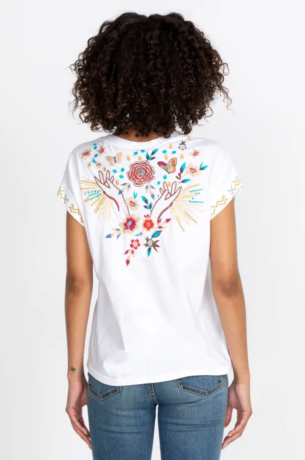 Johnny Was Mariposa Cotton Tee White Butterfly Floral Embroidered Shirt Top NEW