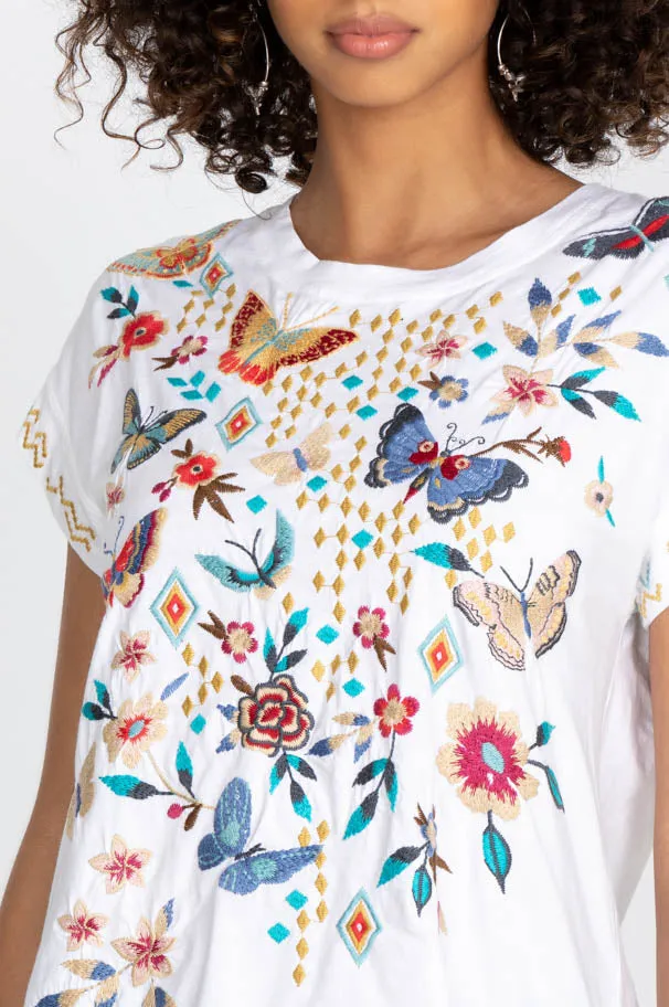 Johnny Was Mariposa Cotton Tee White Butterfly Floral Embroidered Shirt Top NEW