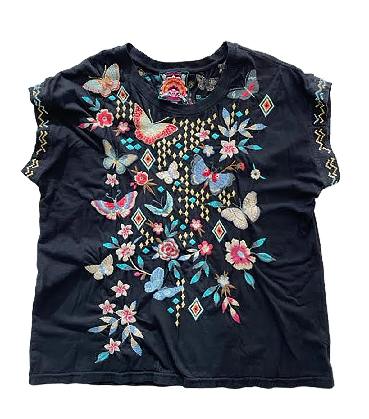 Johnny Was Mariposa Cotton Tee White Butterfly Floral Embroidered Shirt Top NEW