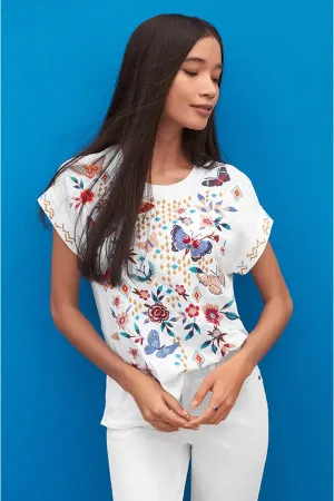 Johnny Was Mariposa Cotton Tee White Butterfly Floral Embroidered Shirt Top NEW