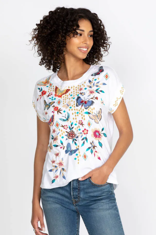 Johnny Was Mariposa Cotton Tee White Butterfly Floral Embroidered Shirt Top NEW