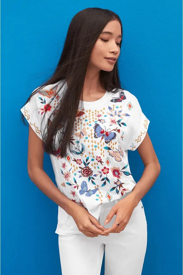 Johnny Was Mariposa Cotton Tee White Butterfly Floral Embroidered Shirt Top NEW