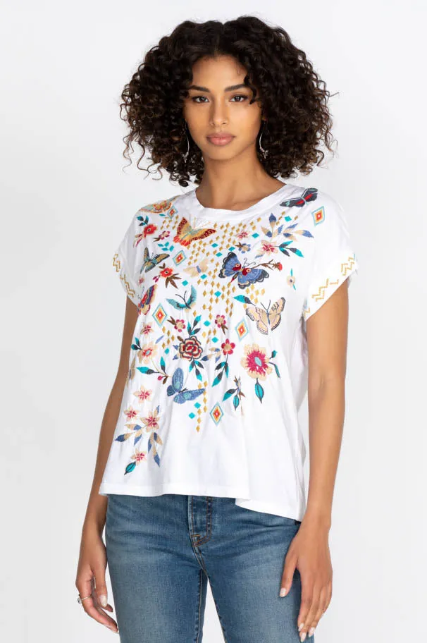 Johnny Was Mariposa Cotton Tee White Butterfly Floral Embroidered Shirt Top NEW