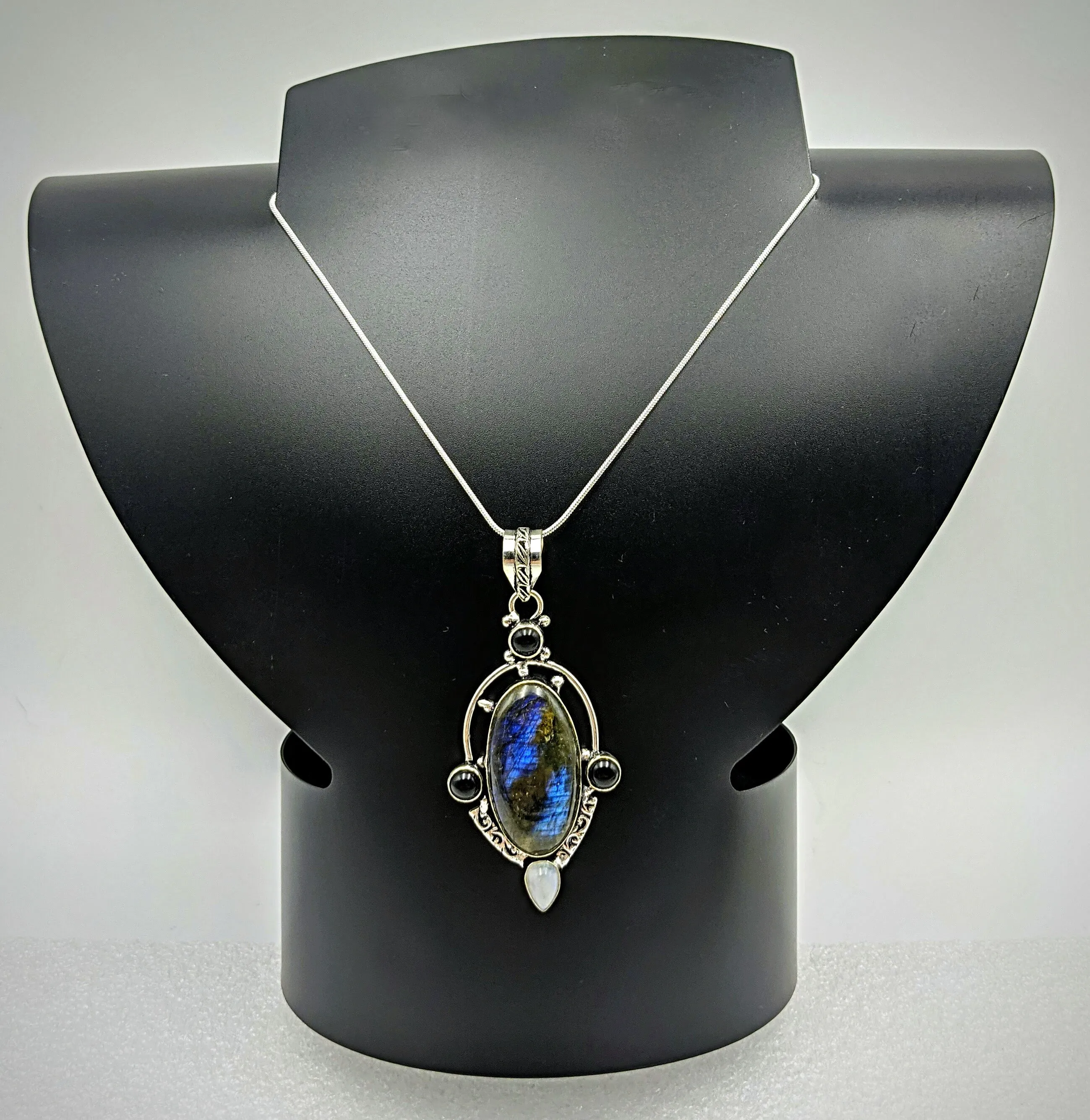 Labradorite,Moonstone & Black obsidian , 925 Sterling Silver 24" Necklace
