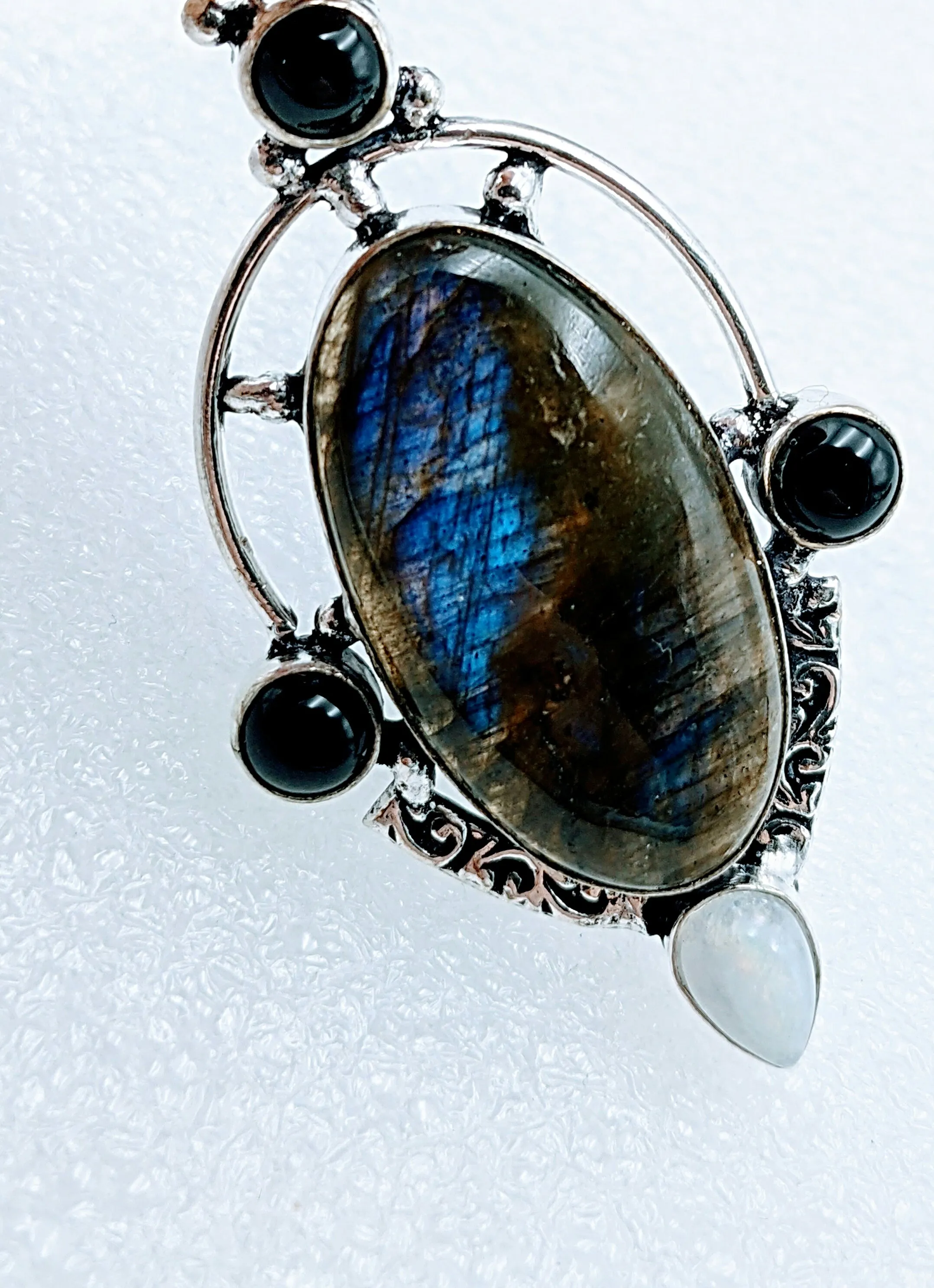 Labradorite,Moonstone & Black obsidian , 925 Sterling Silver 24" Necklace