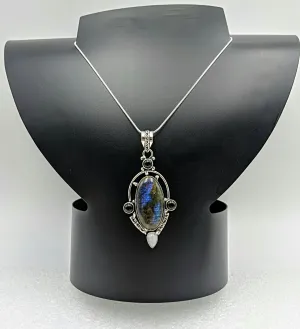Labradorite,Moonstone & Black obsidian , 925 Sterling Silver 24" Necklace