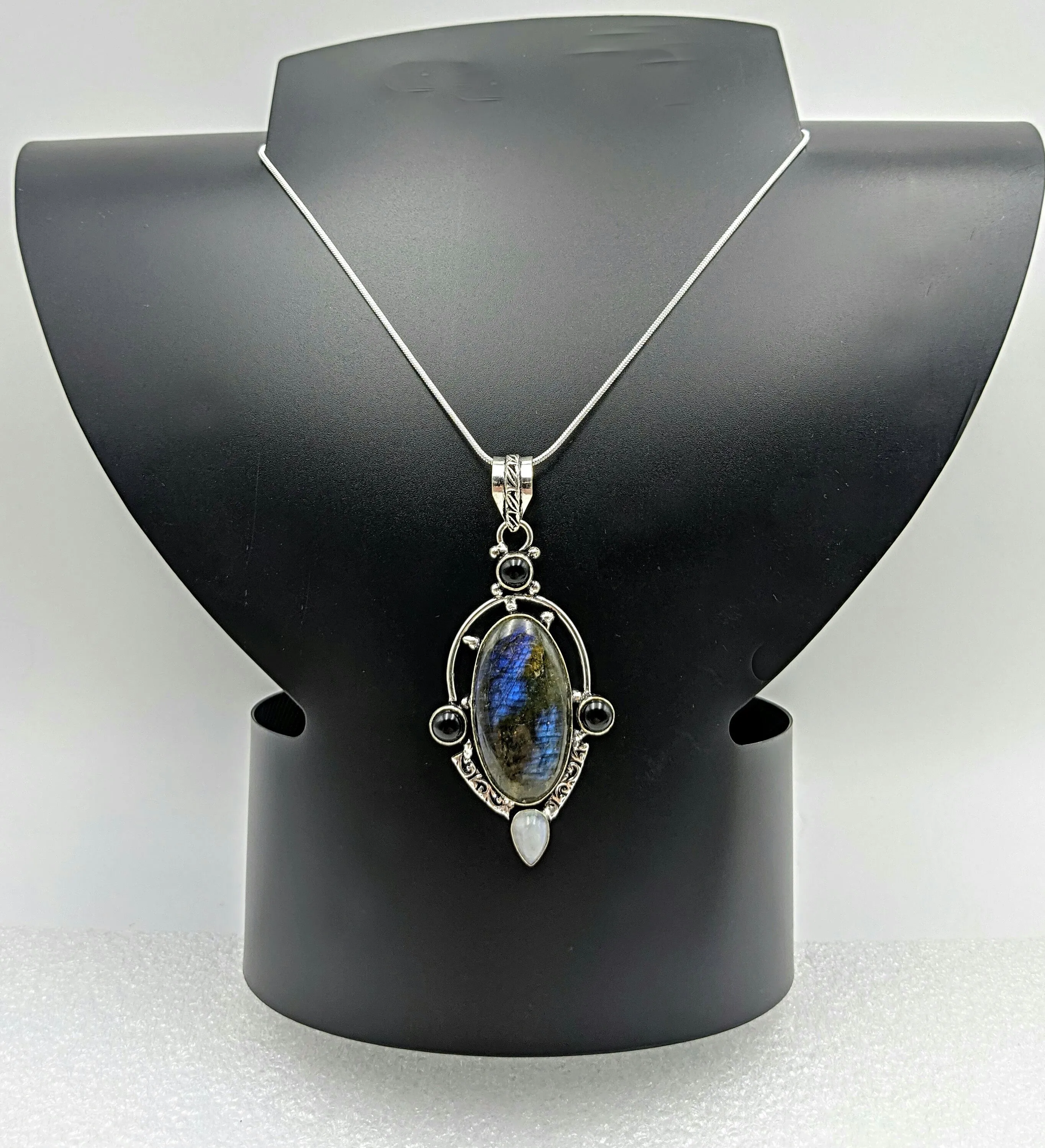 Labradorite,Moonstone & Black obsidian , 925 Sterling Silver 24" Necklace