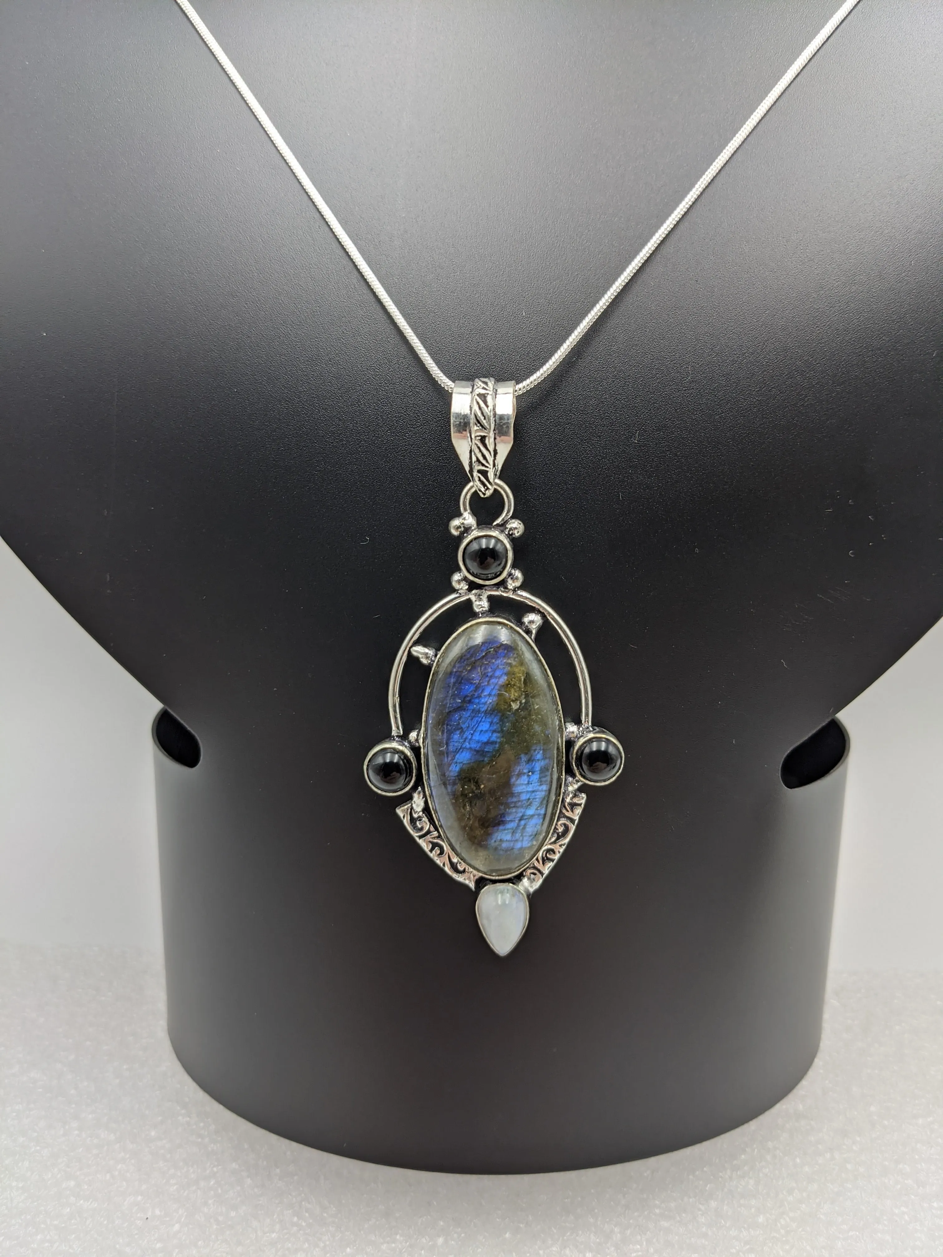 Labradorite,Moonstone & Black obsidian , 925 Sterling Silver 24" Necklace