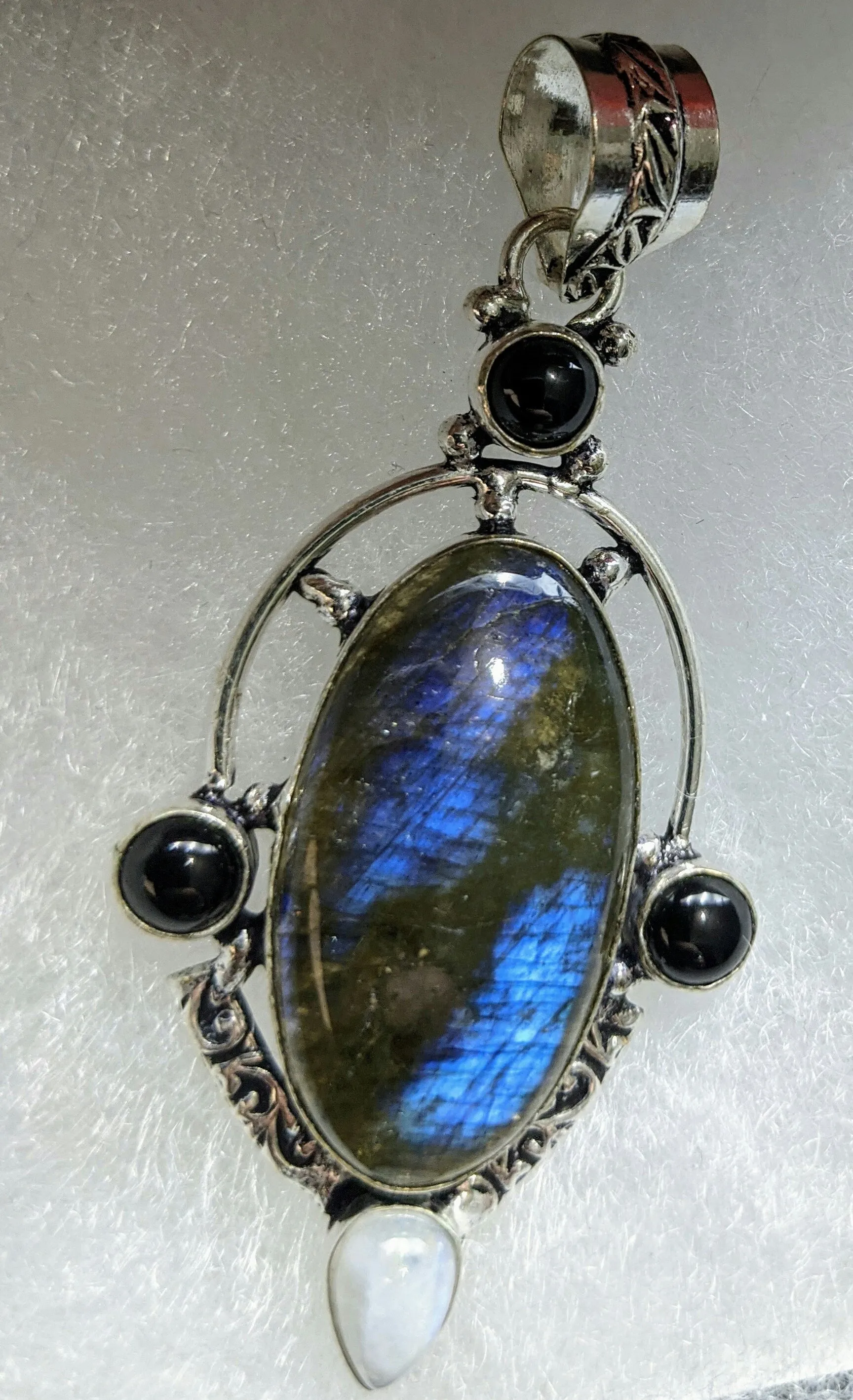Labradorite,Moonstone & Black obsidian , 925 Sterling Silver 24" Necklace