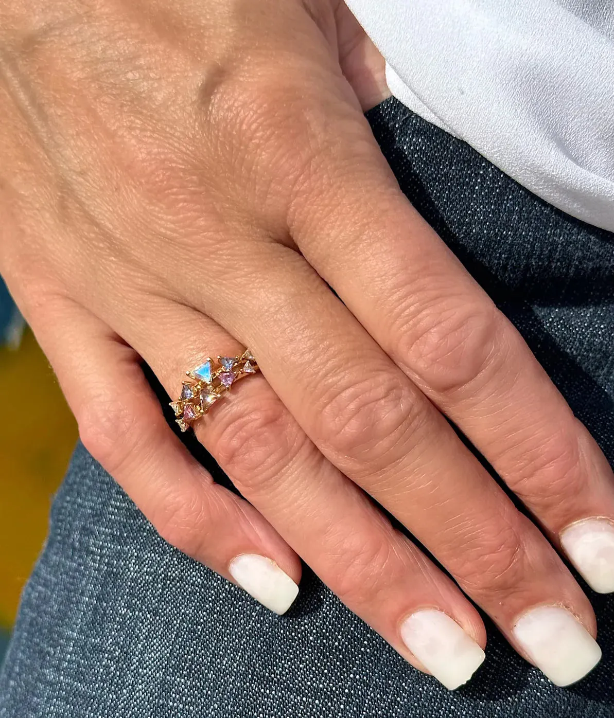 Moonstone Triangle Stacking Ring - 18k Gold, Diamonds, Moonstone   Sapphires