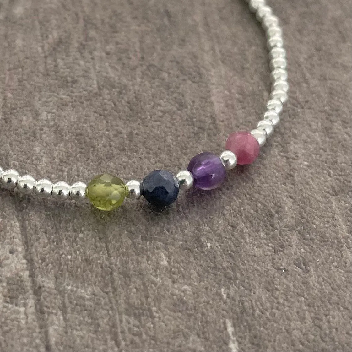 Mothers Day Gift Family Birthstone Bracelet for Mum, Dainty Silver Bracelet