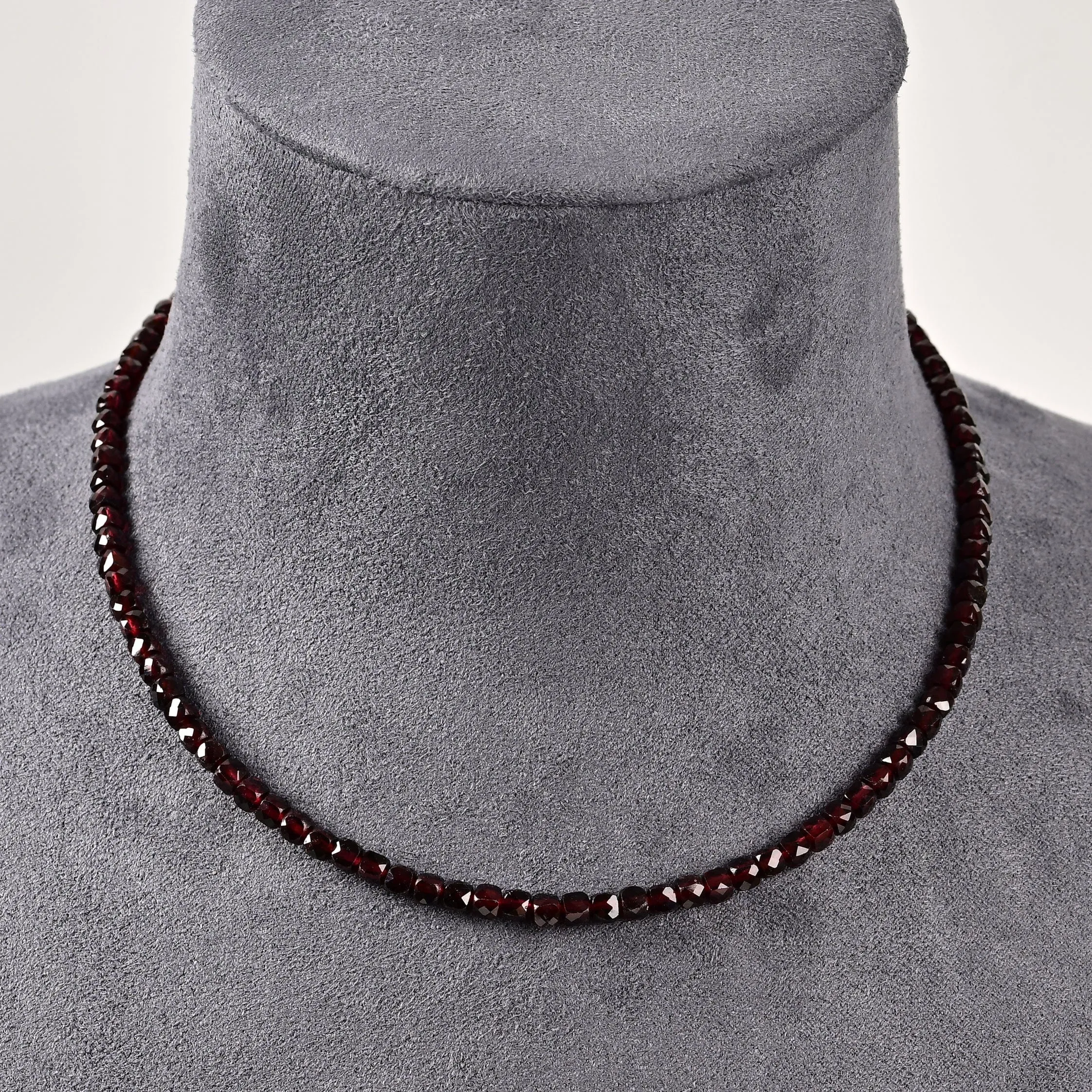 Natural Garnet Faceted 4mm Barrel 16" Necklace with Sterling Silver Extender